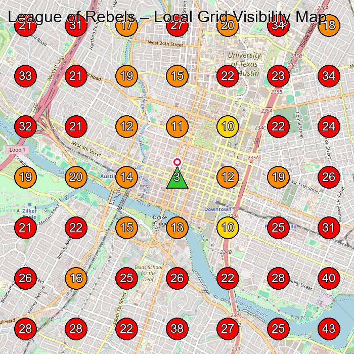 League of Rebels GeoGrid visibility map for Vintage Clothing Store in Austin